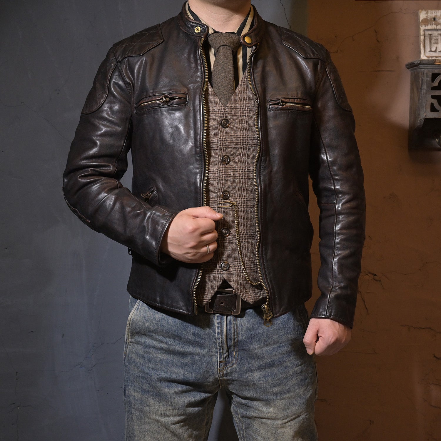 絶妙なヴィンテージ加工◇茶芯ホースハイドレザー シングルライダース