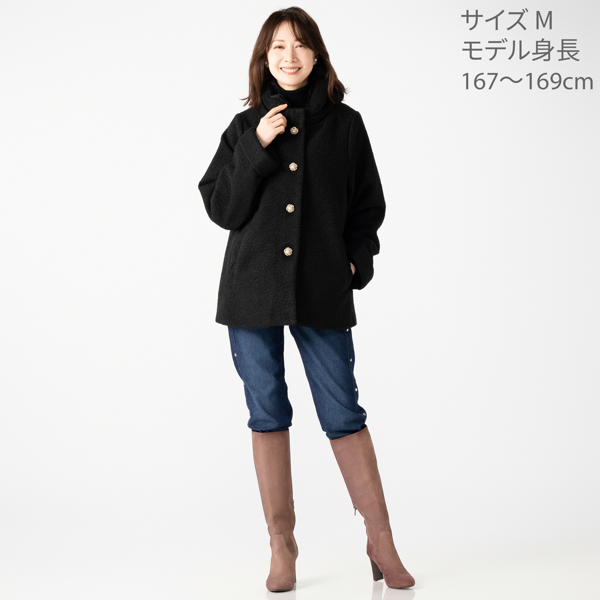 &LOVE カメリアビジューボタンのふわふわブークレーコート アンドラブ