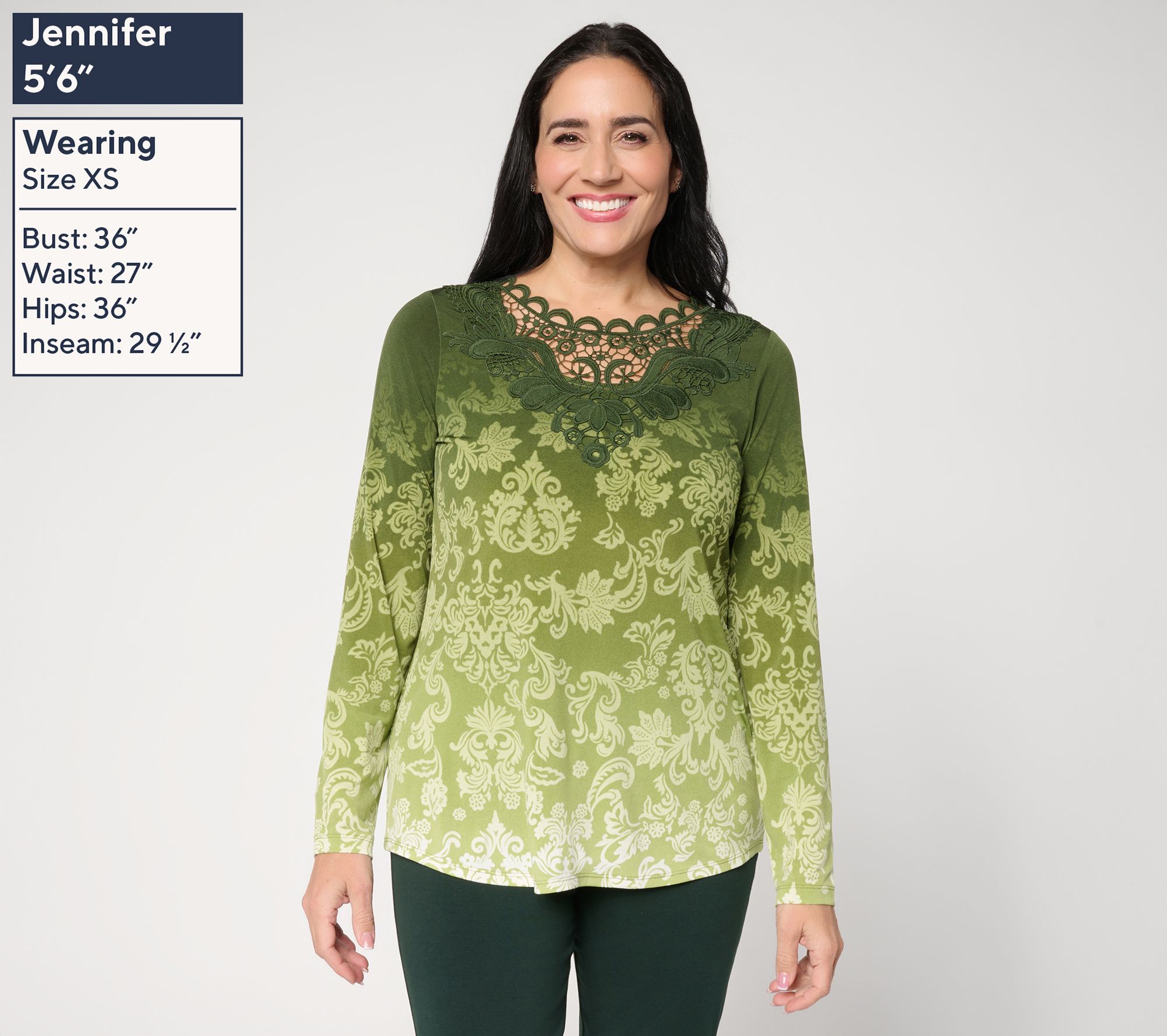 Susan Graver Printed Liquid Knit Top with Lace Applique - QVC.com
