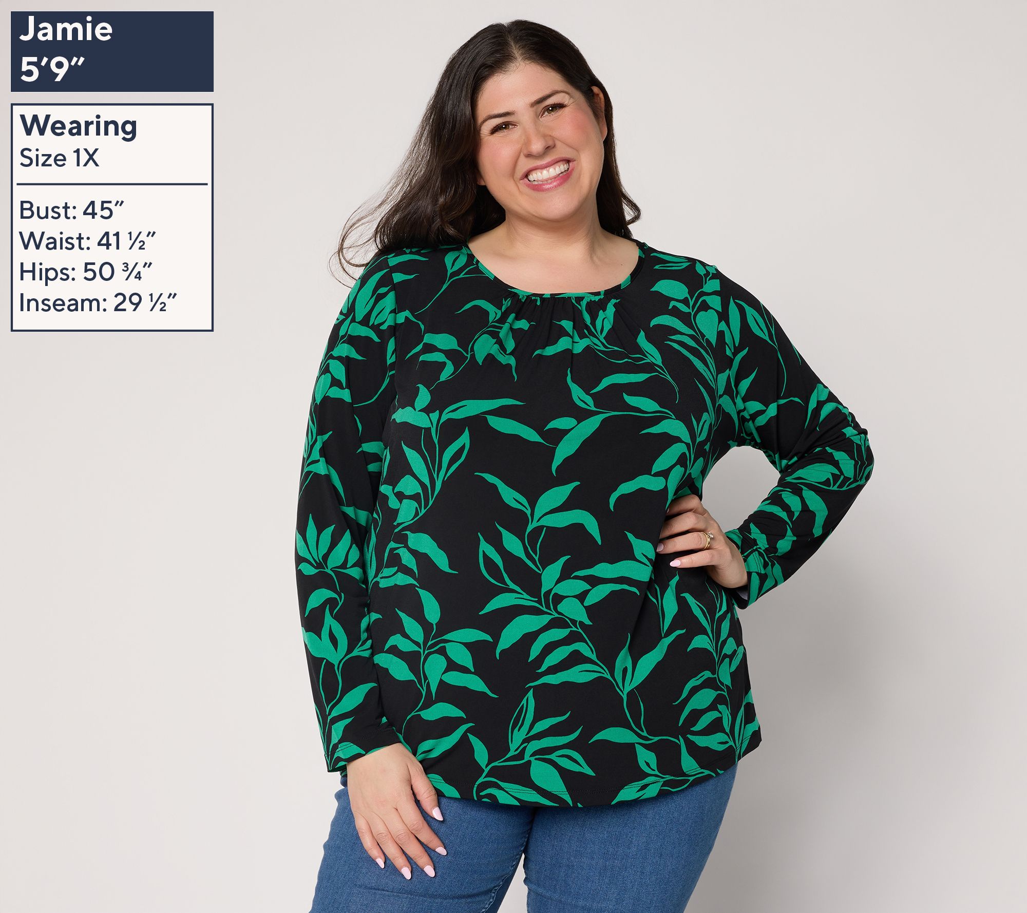 Susan Graver Printed Liquid Knit Crew Neck Top with Shirring - QVC.com