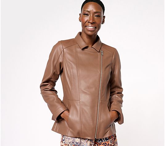 Denim & Co. Lamb Leather Moto Jacket with Pockets - QVC.com
