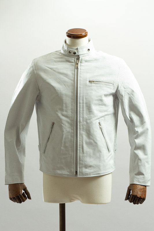 シングルライダースジャケット ホワイト パンチングレザー、ライダース