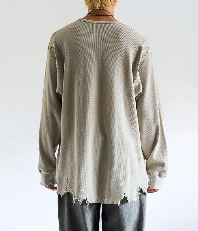 ANCELLM DAMAGE WAFFLE CREW LS T-SHIRT [GREIGE] - Fresh Service