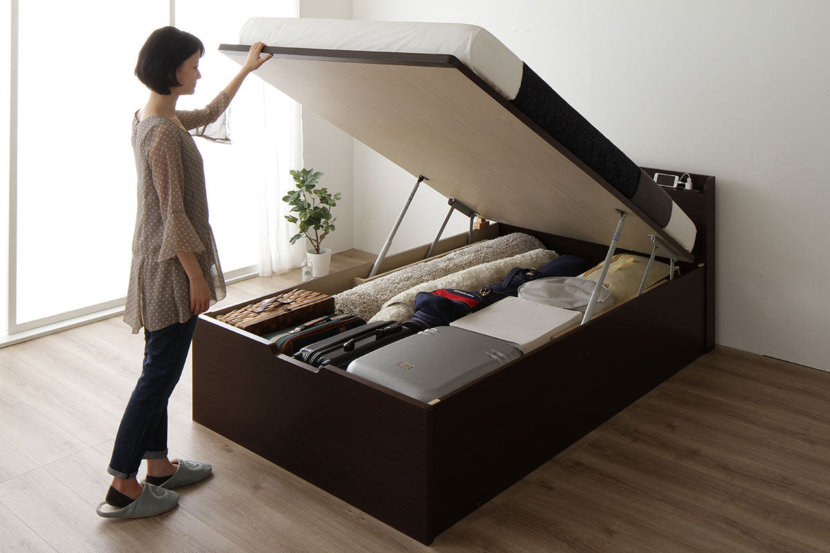 お客様組み立て】日本製 棚付き頑丈ガス圧跳ね上げベッド（縦開き