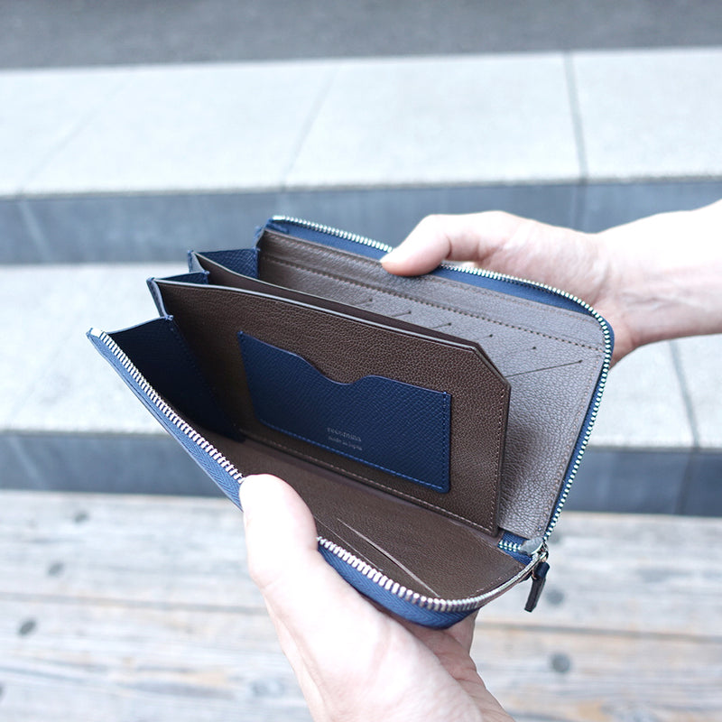 L字型ファスナーロングウォレット(ネイビー×ブラウン) – recomma