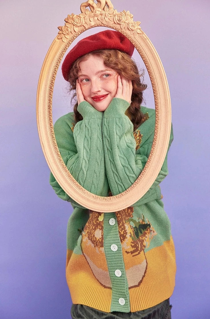 ゴッホの自画像と花瓶の向日葵のセーターカーディガン – remulia