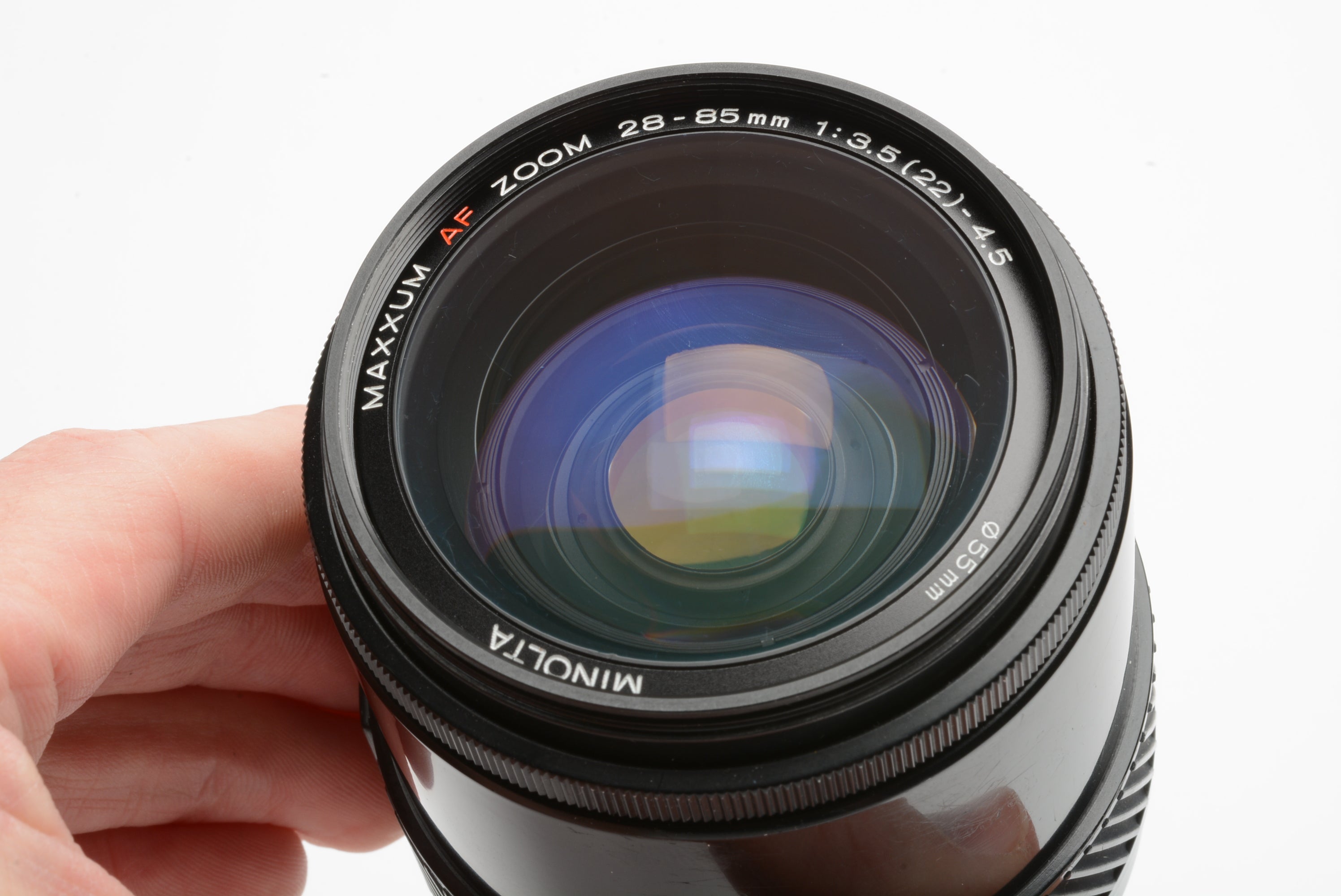Minolta Maxxum AF 28-85mm f3.5-4.5 zoom lens, caps, hood, great