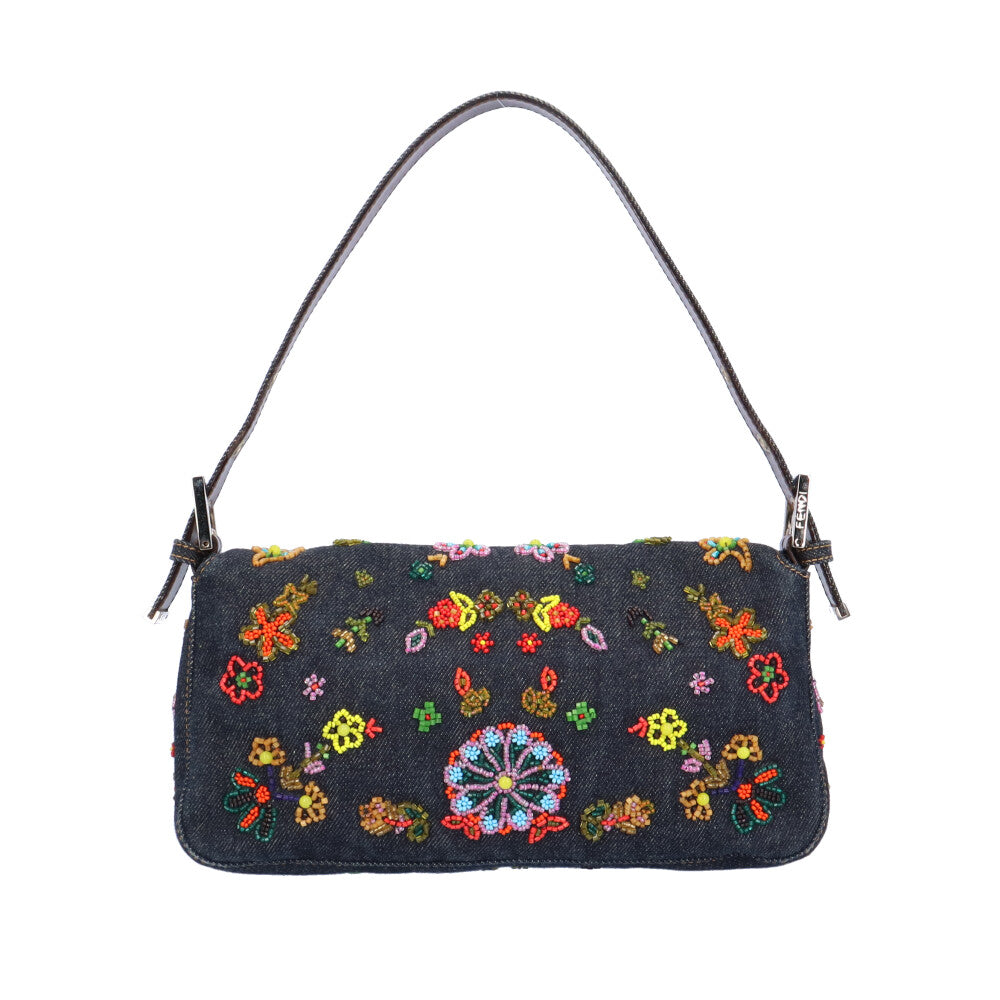 FENDI Mamma Bucket Flower Beads Shoulder Bag Denim Blue Women's