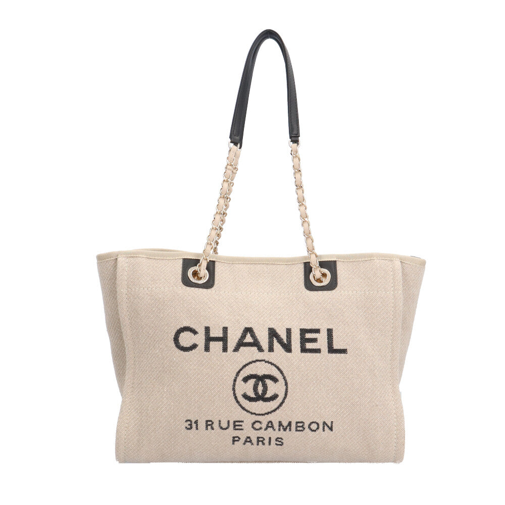 CHANEL Deauville MM Tote Bag Canvas Beige Women's Used [36 Months