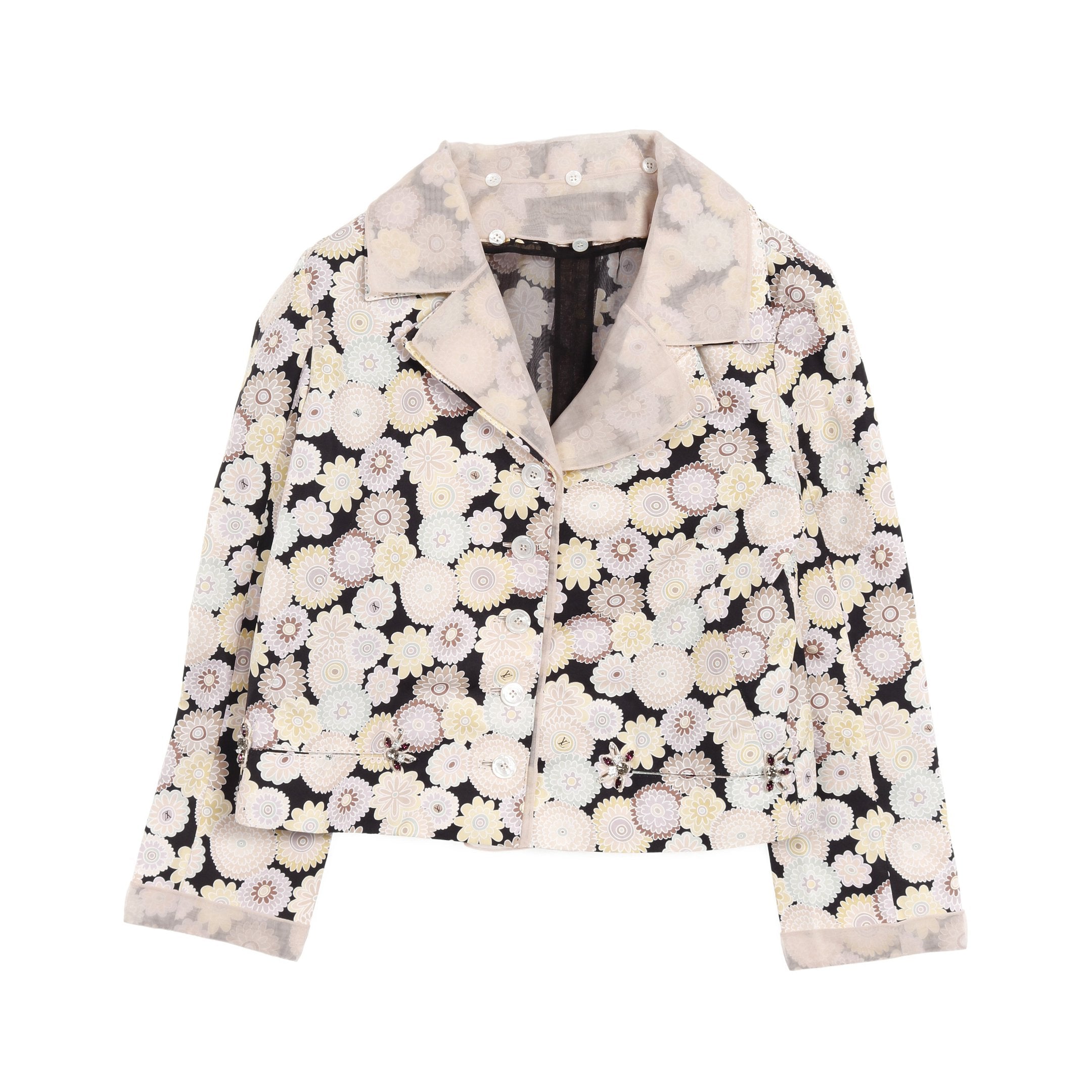 ジャケット 花柄 コットン シルク ブラック マルチカラー ビジュー