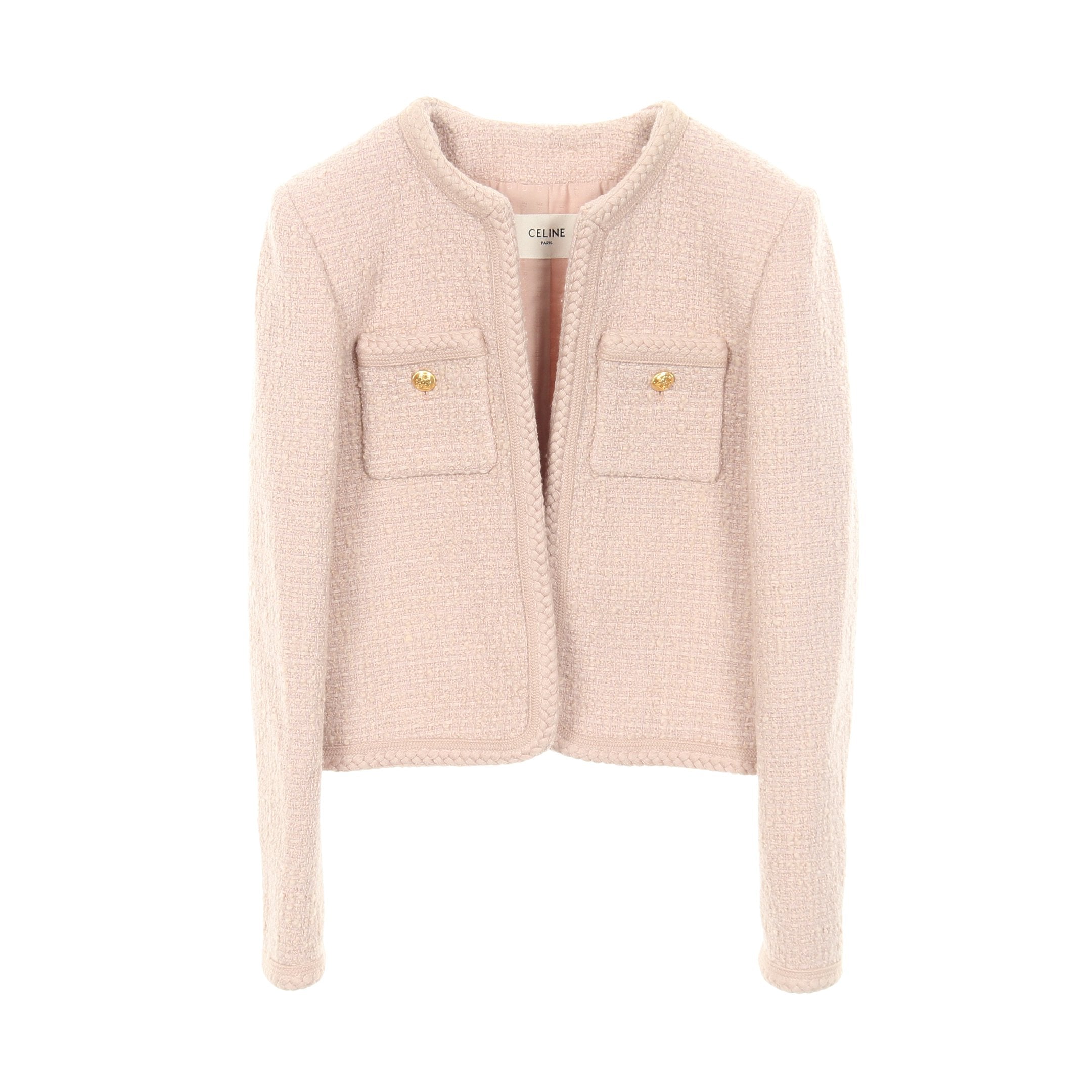 ツイード ノーカラージャケット ウール ダスティピンク セリーヌ – RECLO