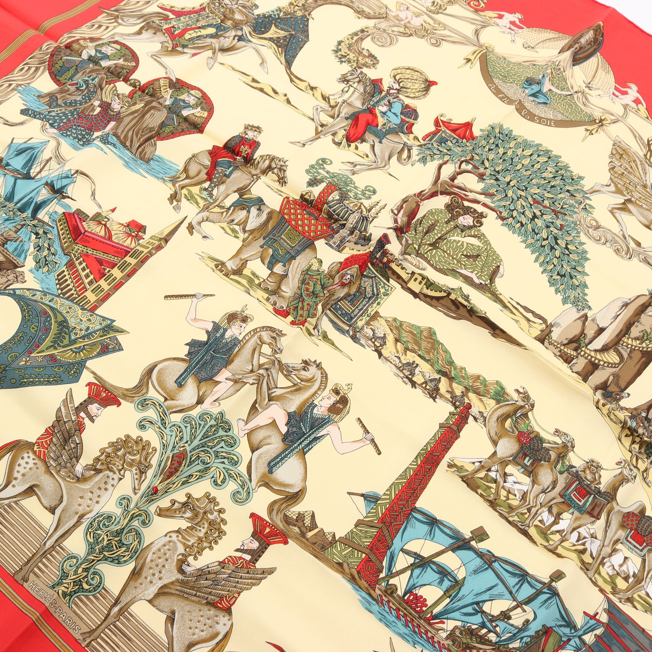 カレ90 Au FIL de la SOIE スカーフ シルク レッド マルチカラー