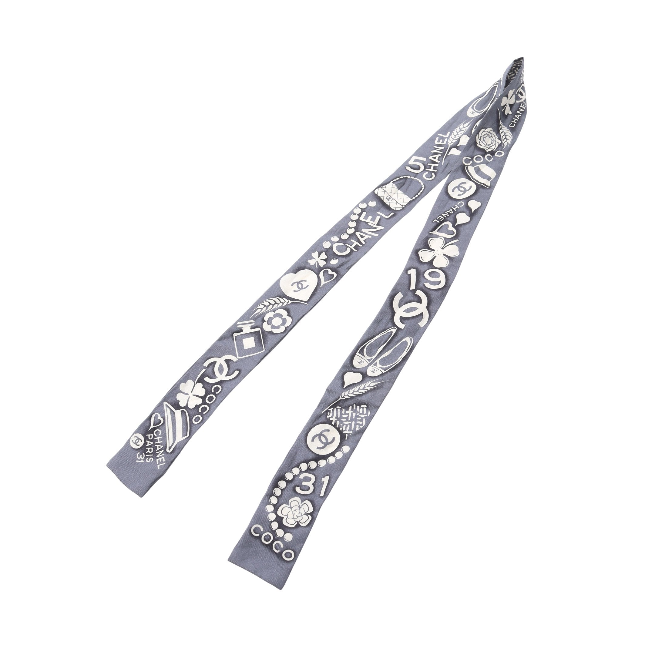 アイコン リボン スカーフ シルク グレー オフホワイト シャネル – RECLO
