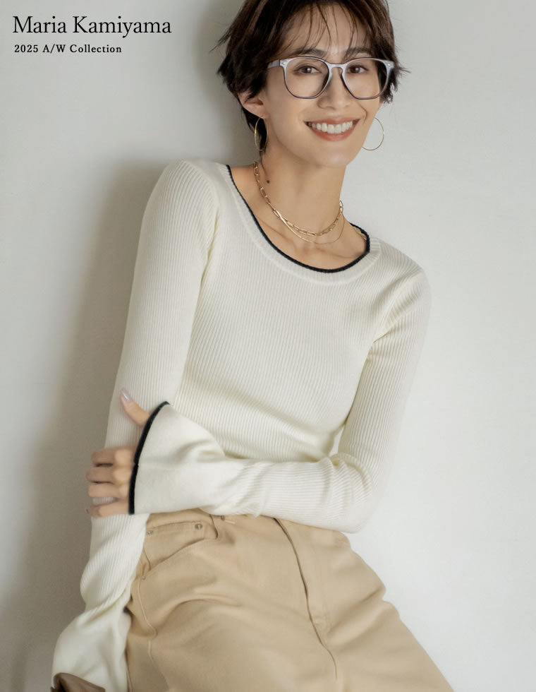 クルーネックフレアスリーブ配色リブニットトップス - トップス通販