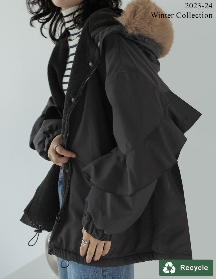 2WAYリサイクルタフタバックフリルデザインフェイクファーフード付き