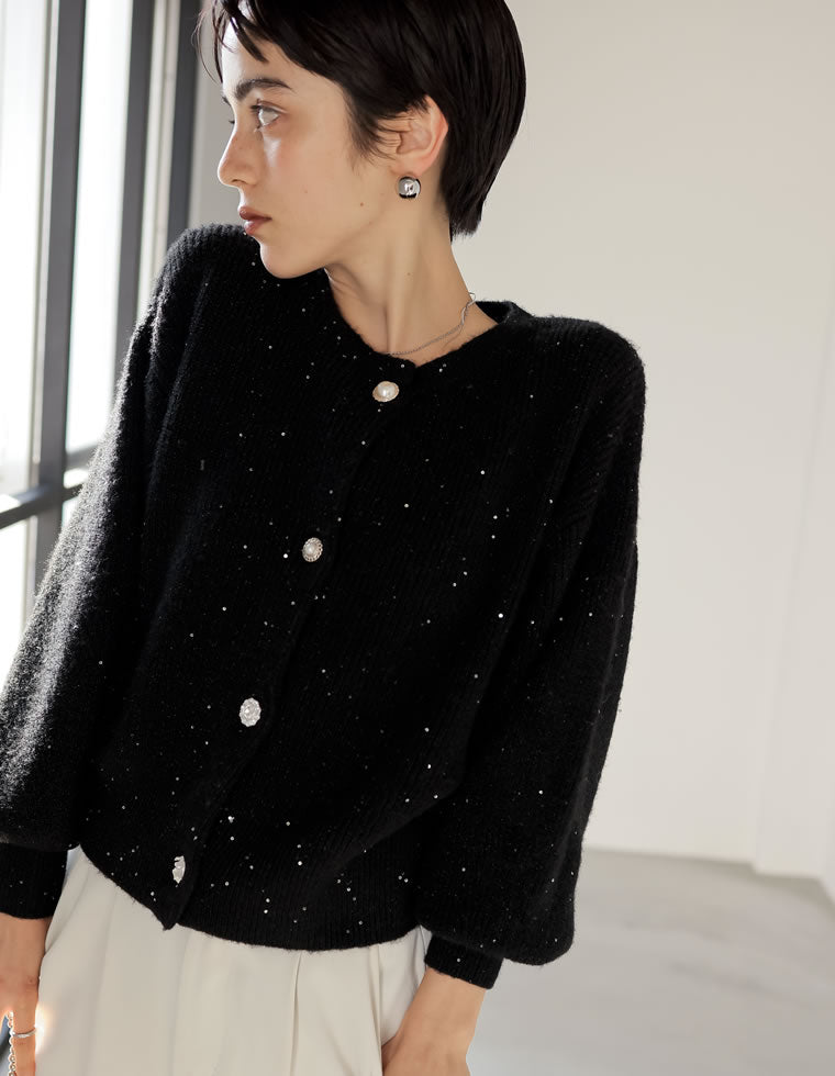 デコラティブボタンスパンコールラメニットカーディガン - トップス