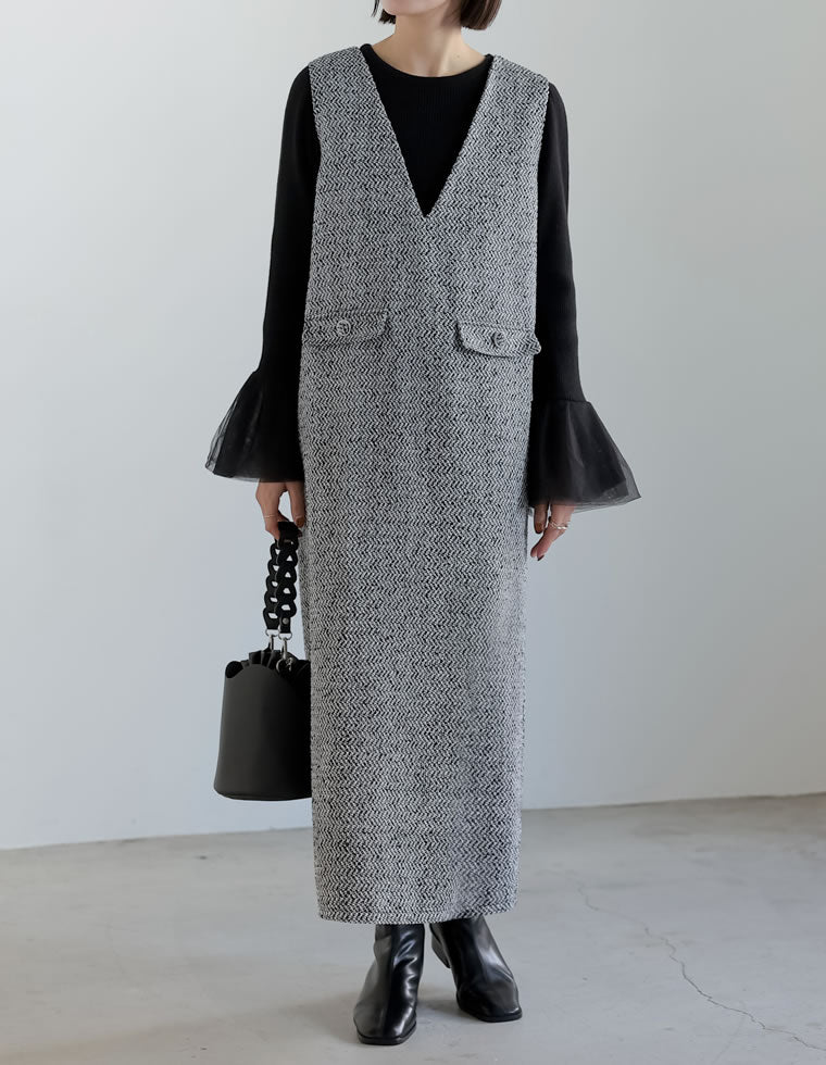 Vネックツイードジャンパースカート - ワンピース通販 | 人気