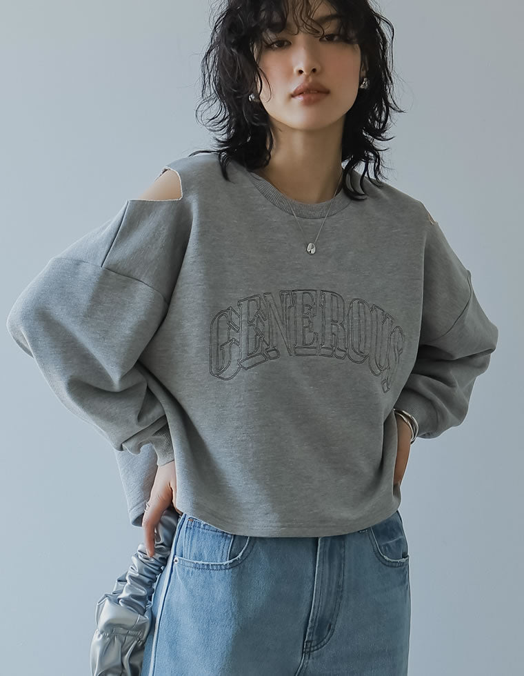 裏毛刺繍ロゴ肩スリットショート丈トップス - トップス通販 | 人気