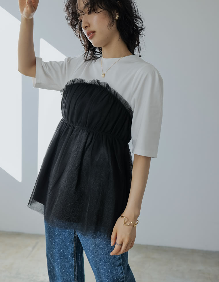 ギャザーチュールドッキングTシャツ - トップス通販 | 人気レディース