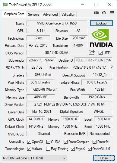 ZOTAC ZOTAC GAMING GeForce GTX 1650 Low Profile GDDR6 ZT-T16520H