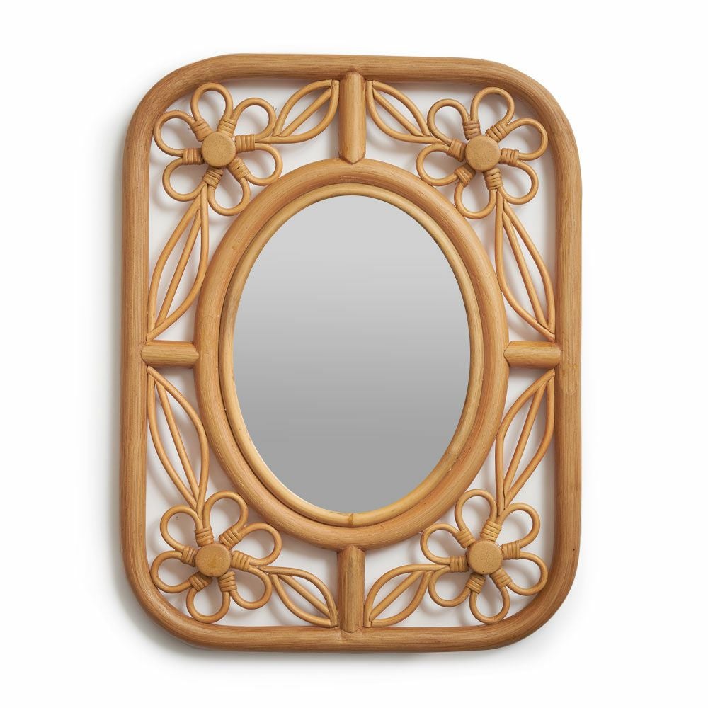 ミラー 鏡 ラタン 籐 取り付け用フック付き 約 W 32.5cm D 2cm H 42cm