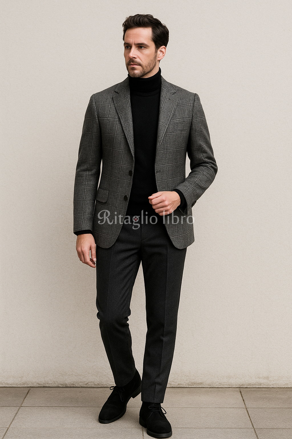 グレンチェックジャケット×黒タートルでつくる冬のモノトーンスタイル