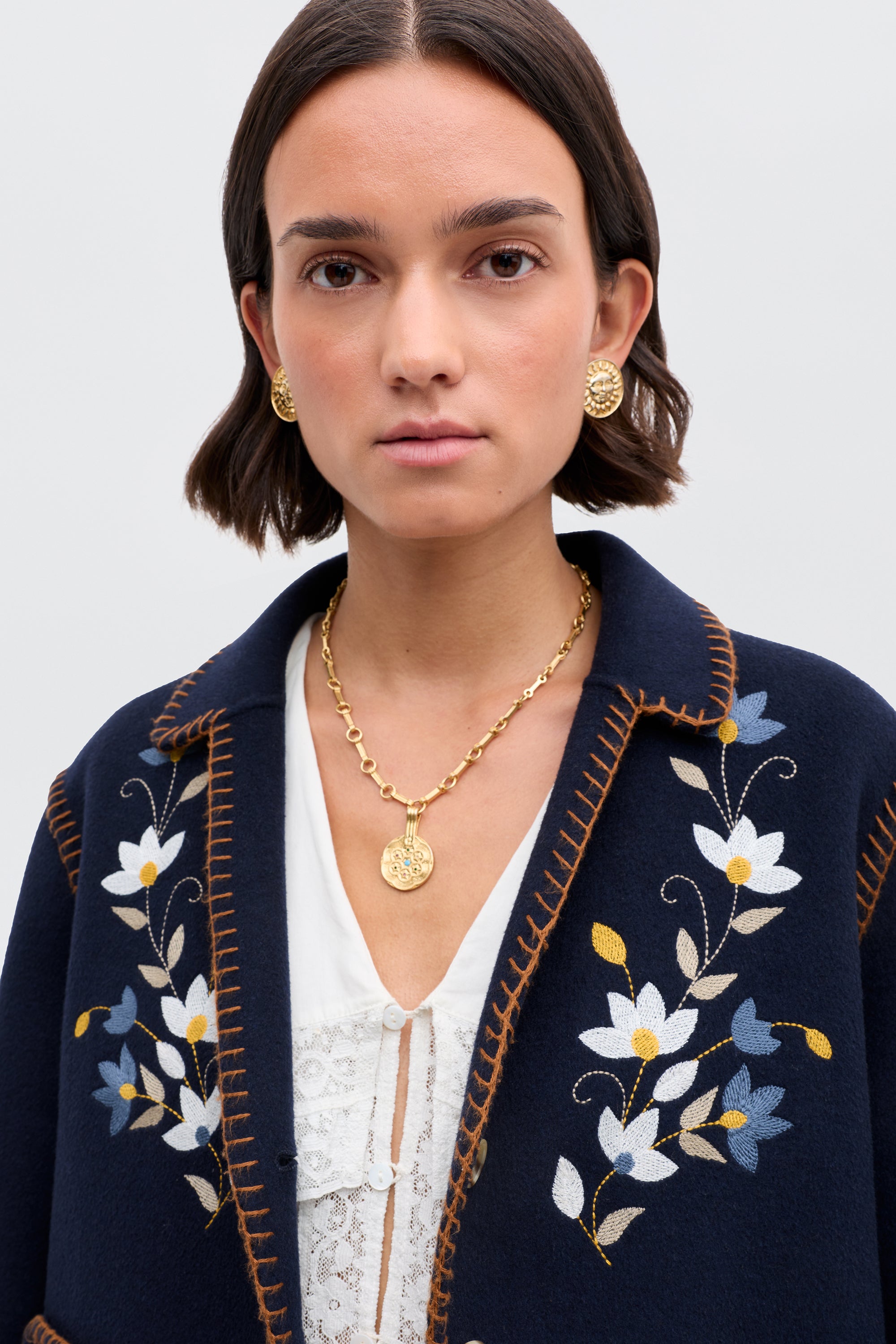 Sunday Embroidered Jacket in Petal Embroidery Navy | RIXO USA ⋆