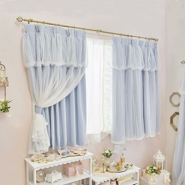 上飾り付きレイヤード遮光カーテン/ブルー(幅100×丈135・2枚組