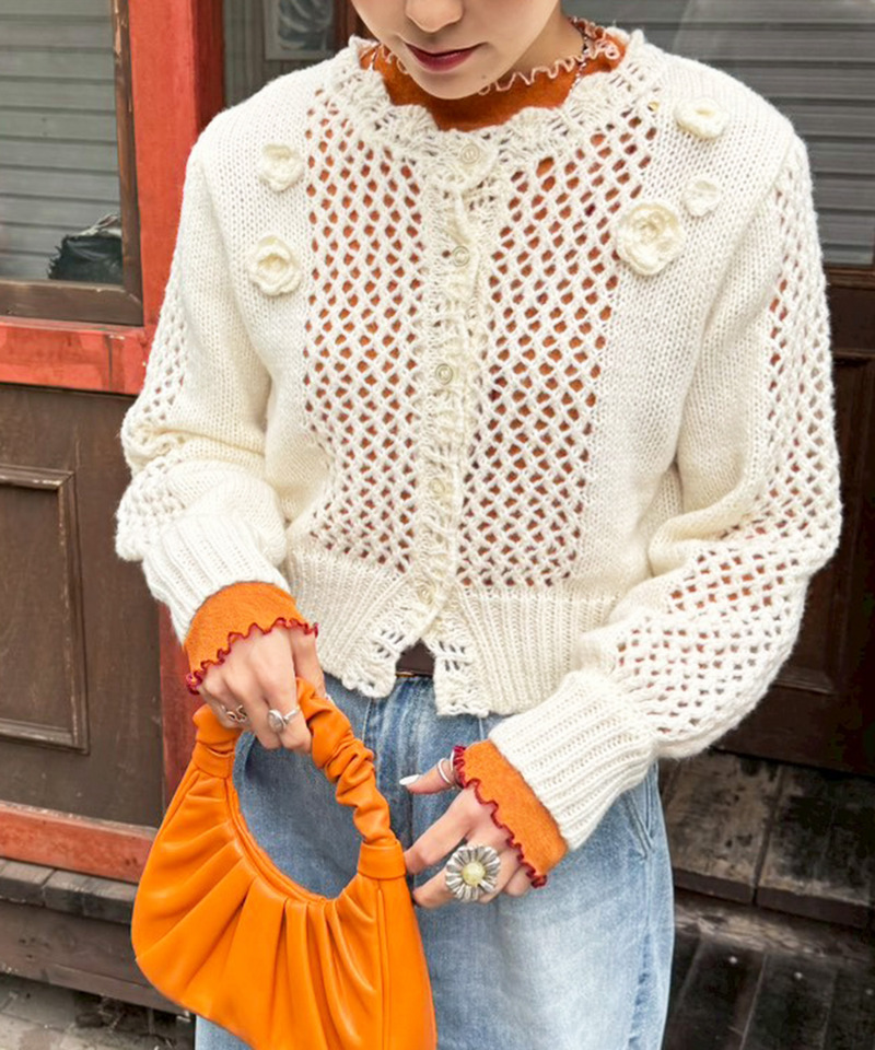 透かし編みフラワーモチーフニットカーデ｜DOUBLE NAME ダブルネーム