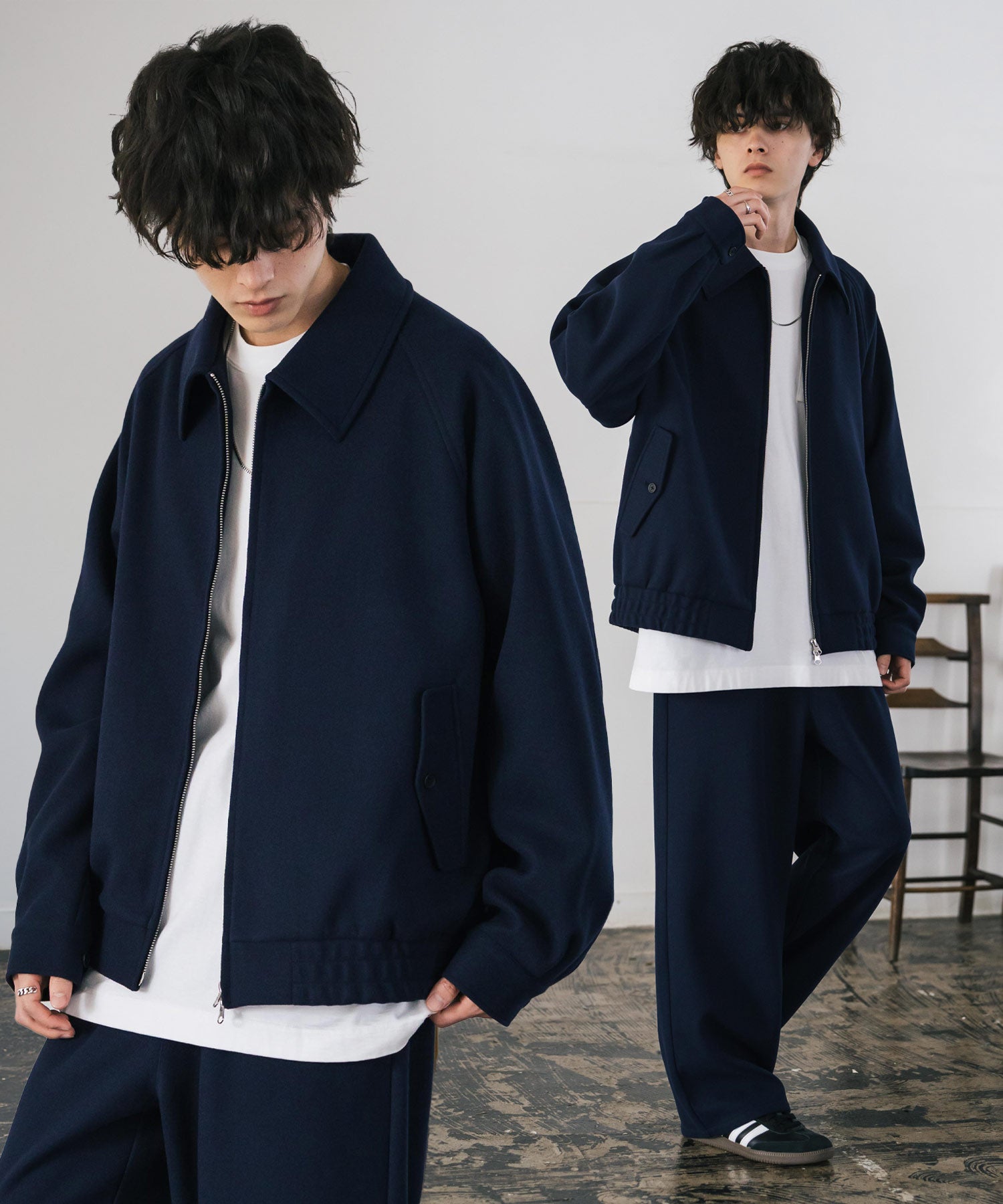 T/Mショート丈ハリントンジャケット＆ワイドイージーパンツ無地