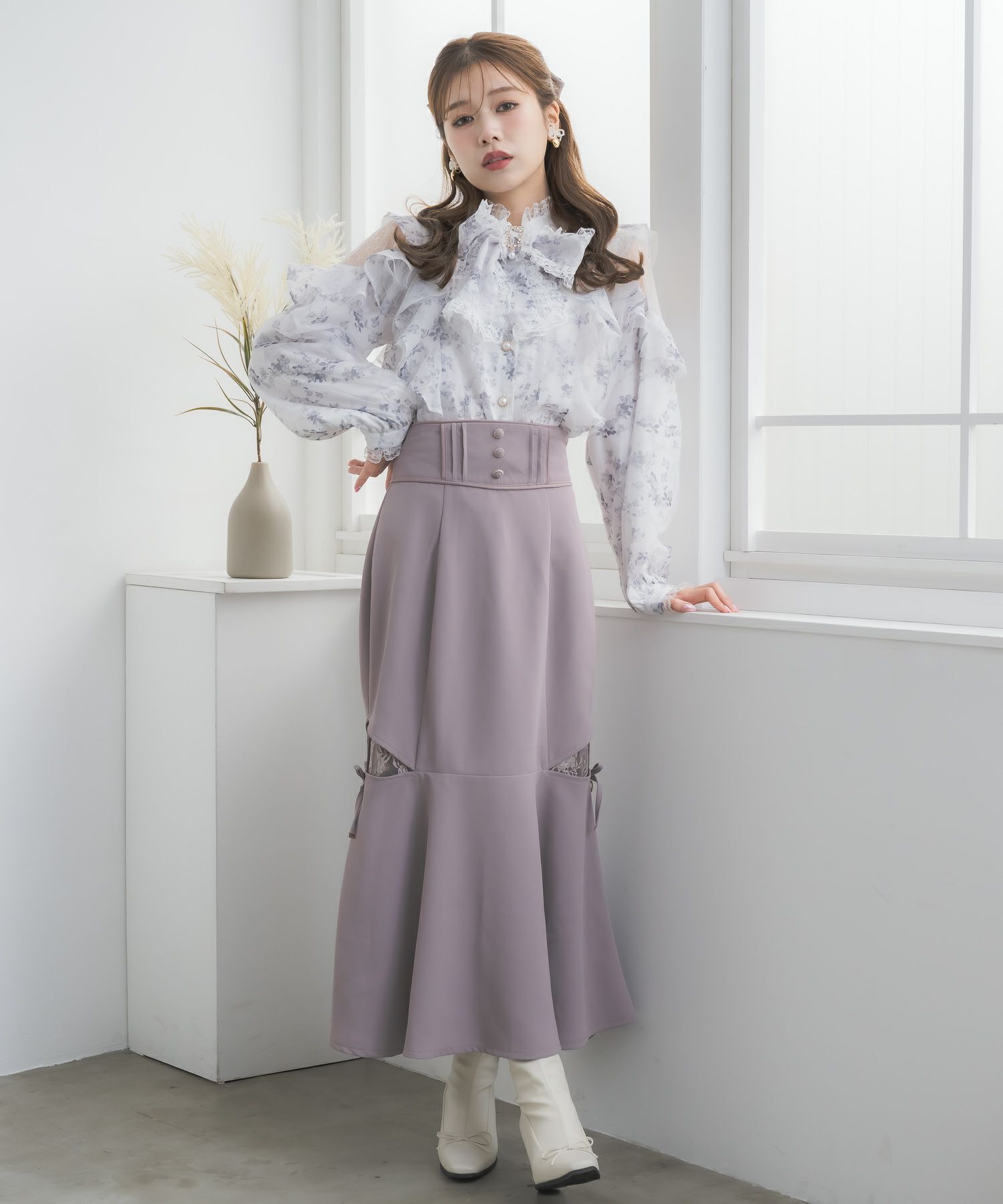 コムコム フリル丸襟ブラウス シャツ ラウンドカラー 白 archive