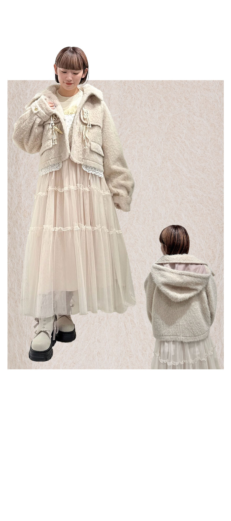 ミルクのように淡いカラーのふわふわダッフルコートが登場♪｜merry