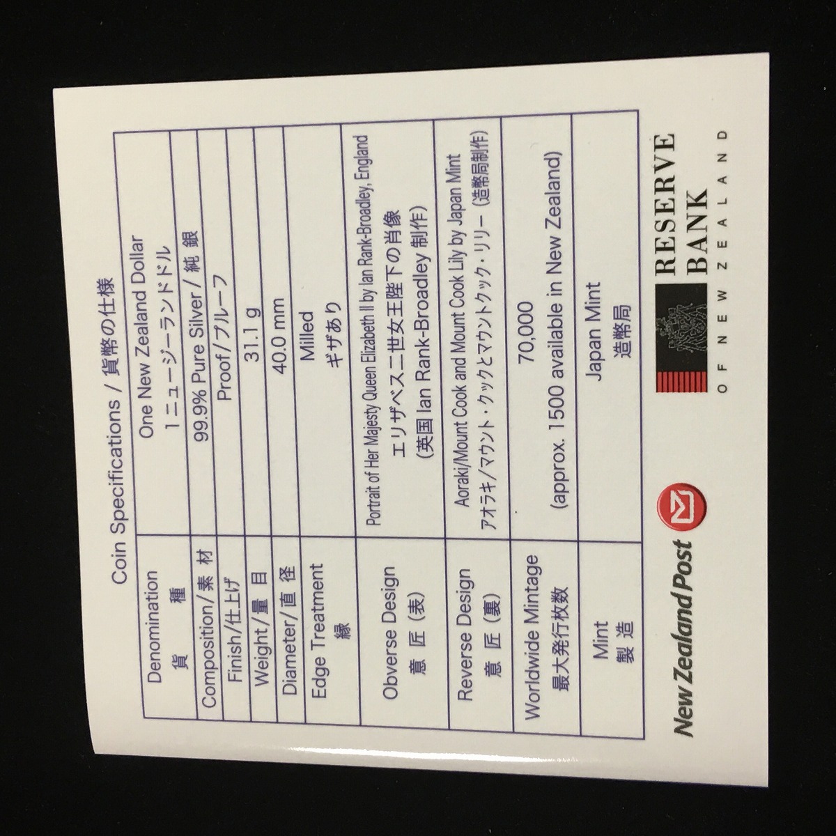 ニュージーランド 1ドル銀貨 2007年銘 純銀999 プルーフ 貨 完未品