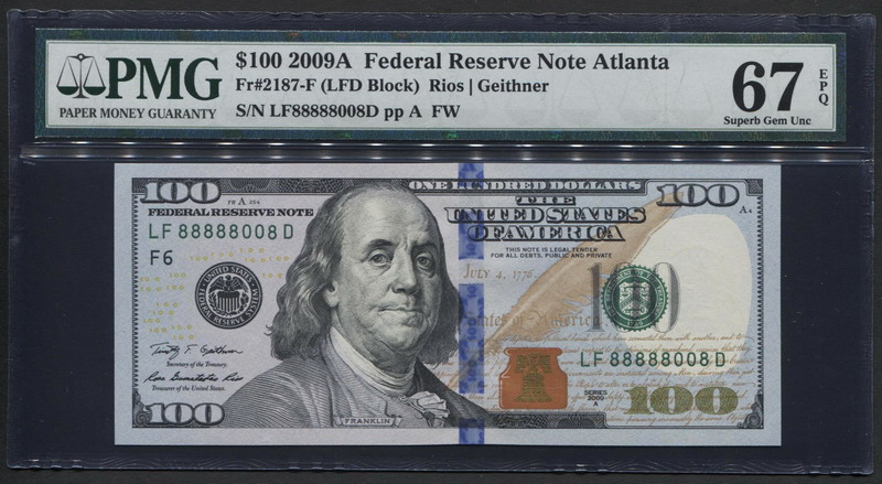 USA 100ドル2009年銘A 珍番88888008 PMG社67 | 収集ワールド