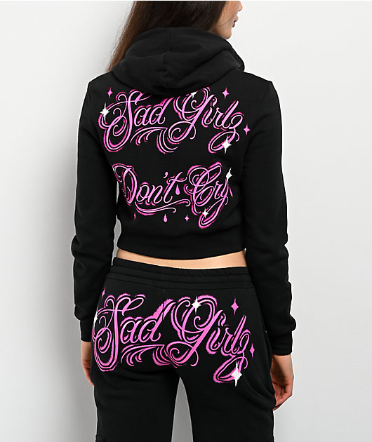 AD BOYZ By Junior H SAD GIRLZ Don't Cry Black Crop Zip Hoodie | Zumiez