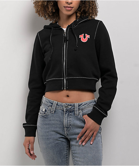 True Religion Big T Black Crop Zip Hoodie | Zumiez