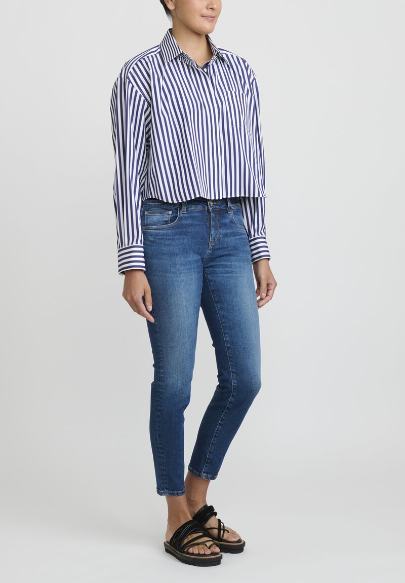Sacai Thomas Mason Cotton Poplin Cropped Shirt in Thick Navy Blue