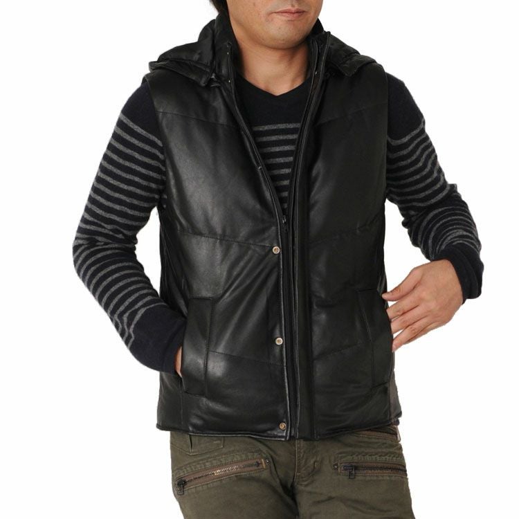 ラム レザー ダウン ベスト メンズ フード付き 秋/冬 全3色 7F