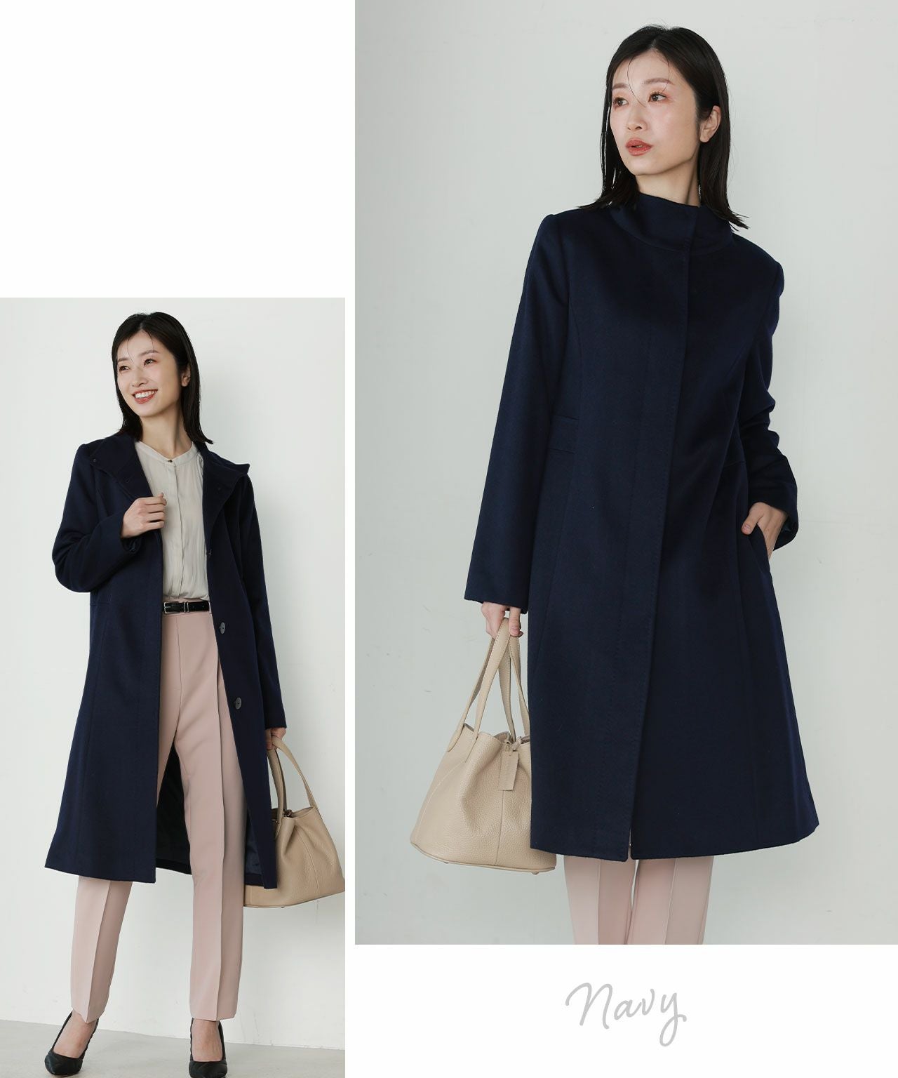 レディース ロング コート スタンドカラー カシミヤ ブレンド ウール