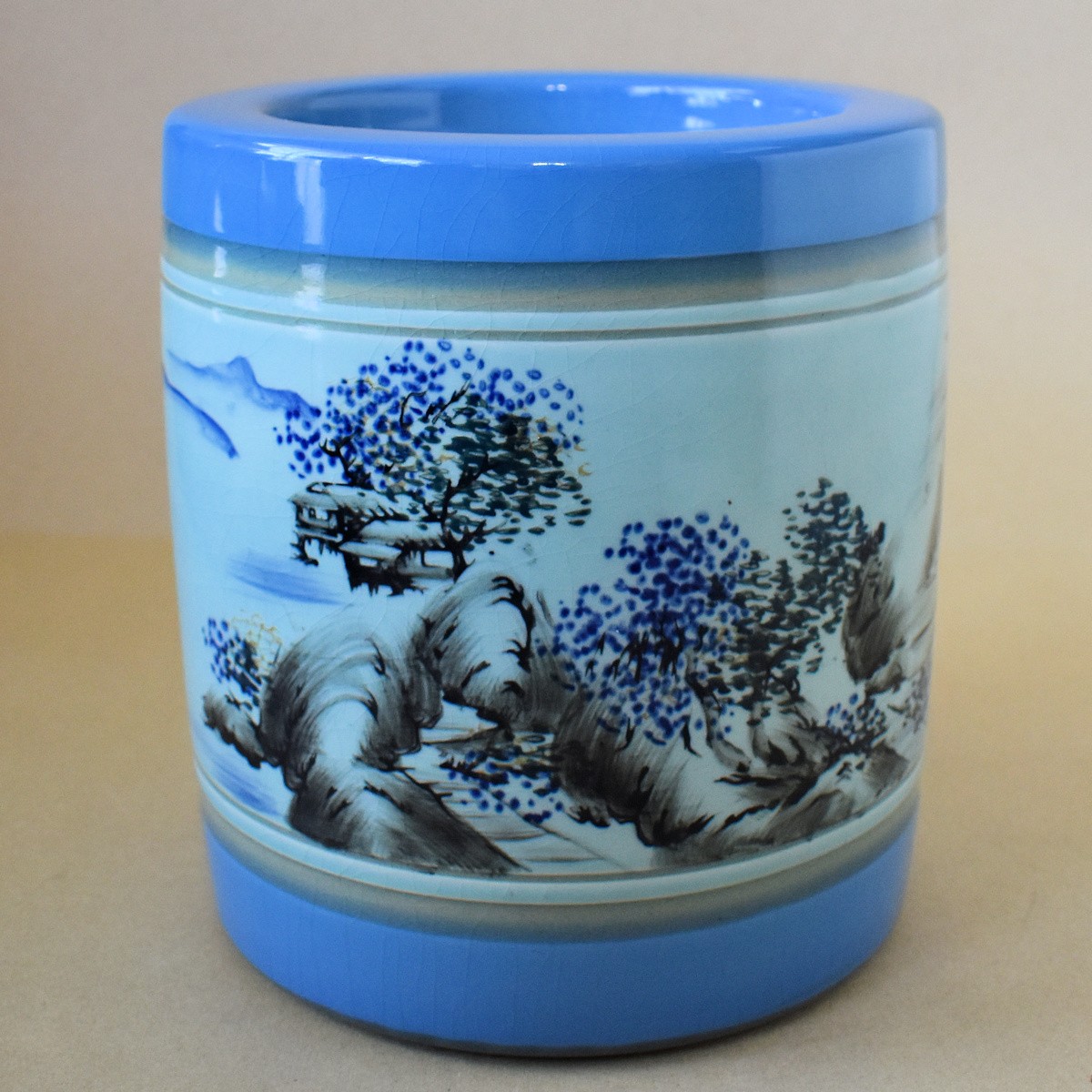 火鉢と炭道具の販売 骨董 斎明堂 / 甘手色絵筒型楼閣山水文様火鉢（壱）