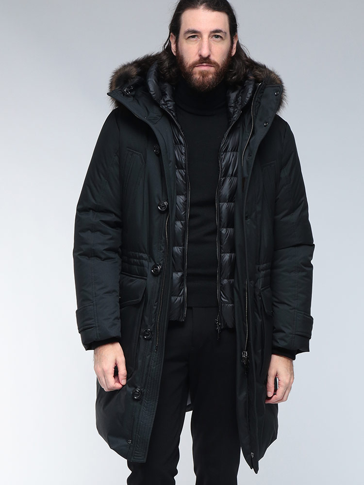 MOORER (ムーレー) ファーフード ボタンジップ ロングダウンコート