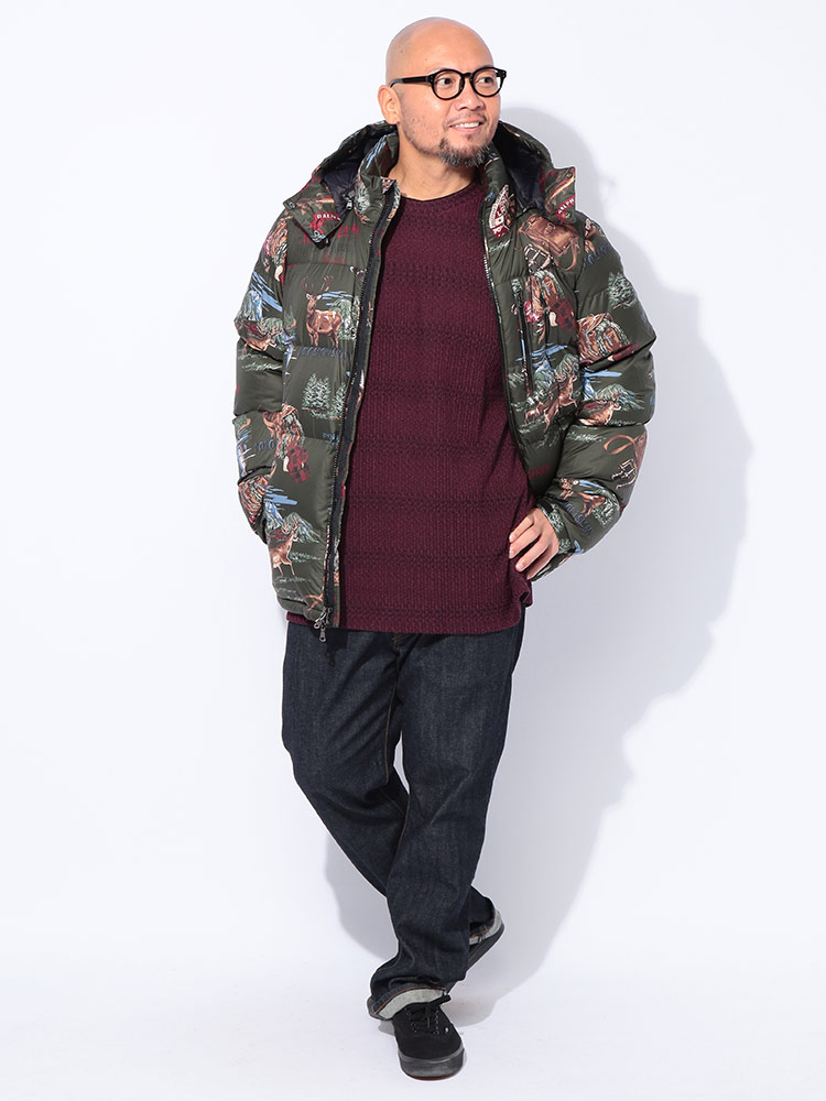 ダウンジャケット フード着脱 総柄プリント フルジップ アウター 防寒