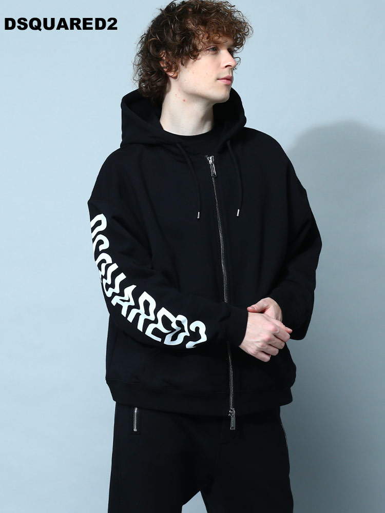 DSQUARED2 (ディースクエアード) 裏起毛 袖ロゴ フルジップ パーカー