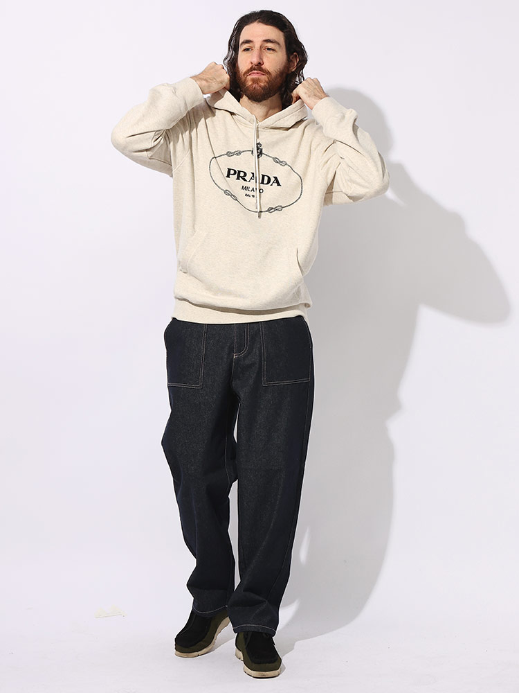 PRADA (プラダ) 裏毛 ロゴ刺繍 ポケット付き プルオーバー パーカー