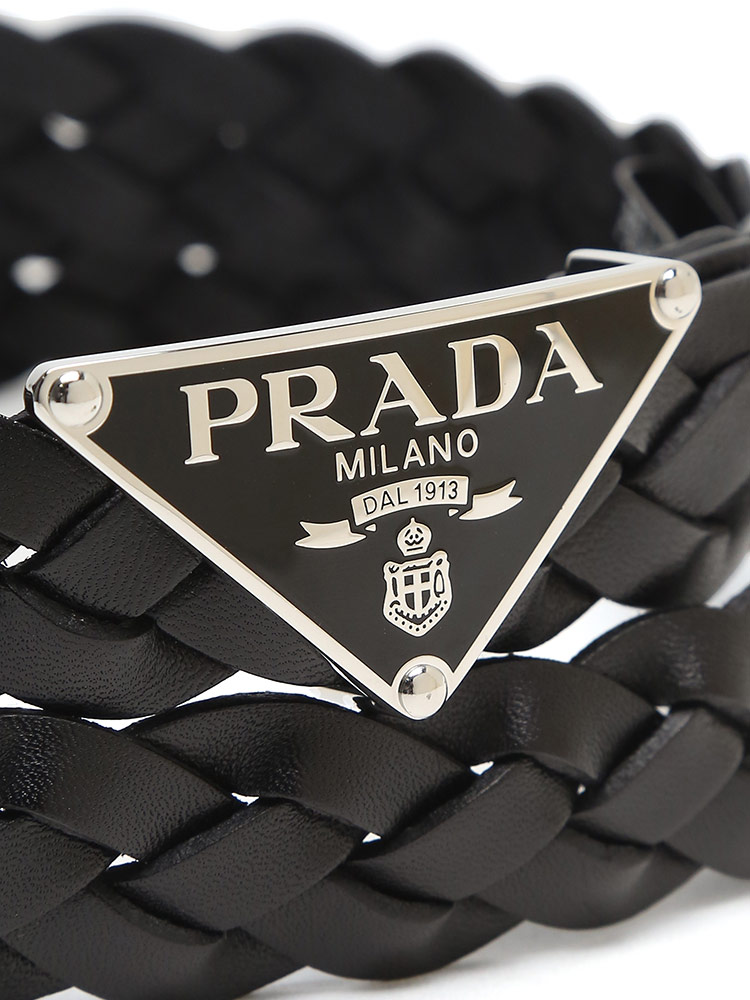 PRADA (プラダ) レザー ブレード編み ロゴバックル留め メッシュベルト