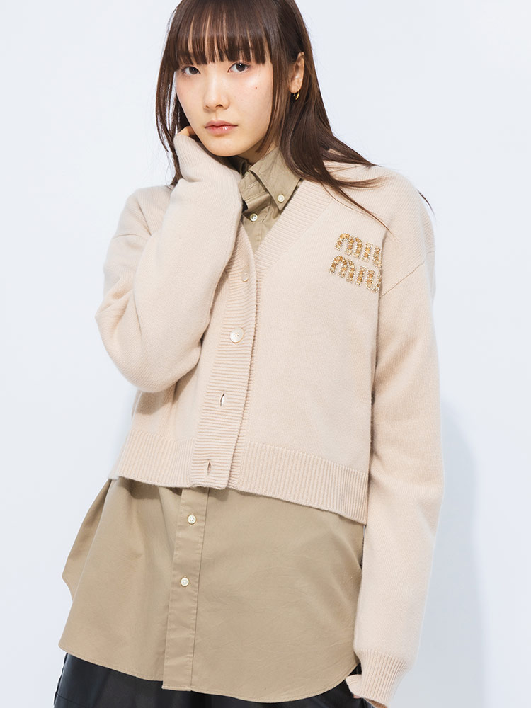 MIU MIU (ミュウミュウ) カシミヤ ビーズ刺繍 ロゴ カーディガン
