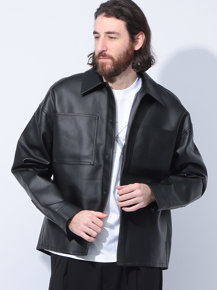 Calvin Klein (カルバンクライン) 合成皮革 フルボタン シャツ