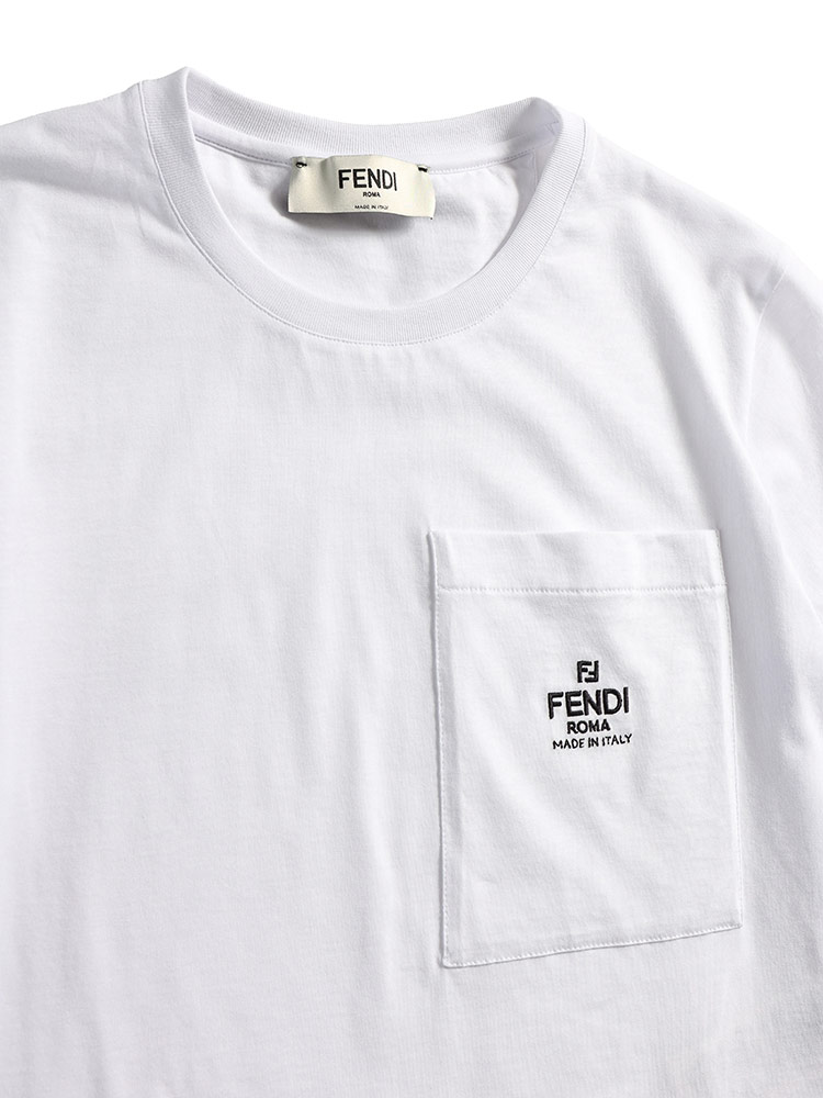 FENDI (フェンディ) ホワイトジャージー 刺繍入り胸ポケット 半袖 T