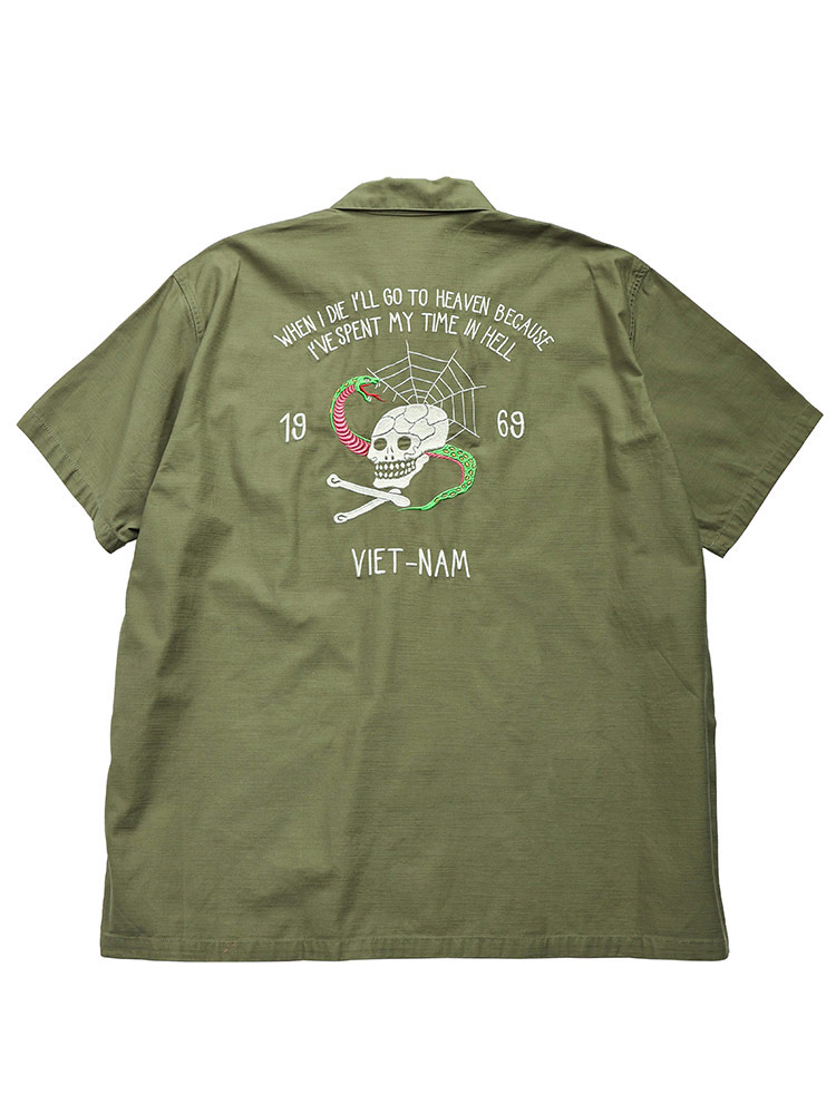 半袖 コットンシャツ スカル刺繍 ポケット付き トップス シャツ ワーク