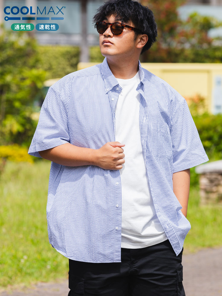 半袖 シャツ COOLMAX シアサッカー 無地＆ストライプ ボタンダウン